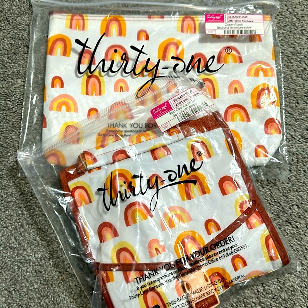 Thirty-One Fold-Over lunch bag zipper pouch boho rainbows